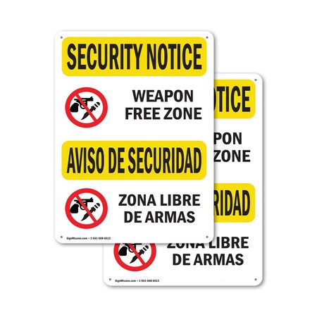 Signmission Weapon Free Zone Bilingual OSHA Security Notice Sign, Aluminum, 10in W x 14in L, 2PK OS-2PACK-SN-A-1014-L-11684